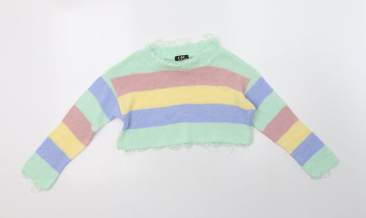 I-X London Womens Multicoloured Crew Neck Striped Acrylic Henley Jumper Size S   - Cropped