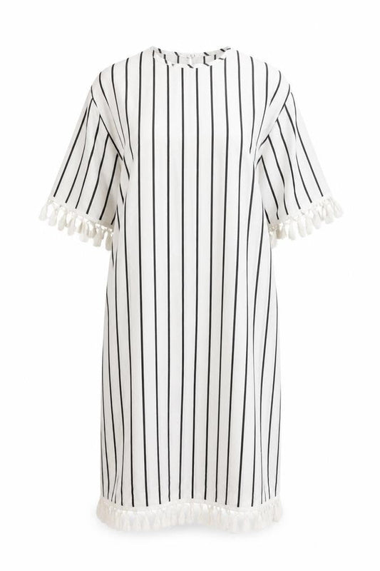 SheIn Womens White Striped Polyester A-Line  Size L  Crew Neck Button