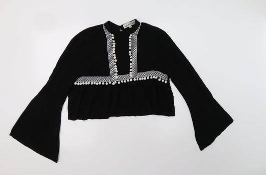 Young Bohemians Womens Black Geometric Viscose Basic Blouse Size 10 Mock Neck