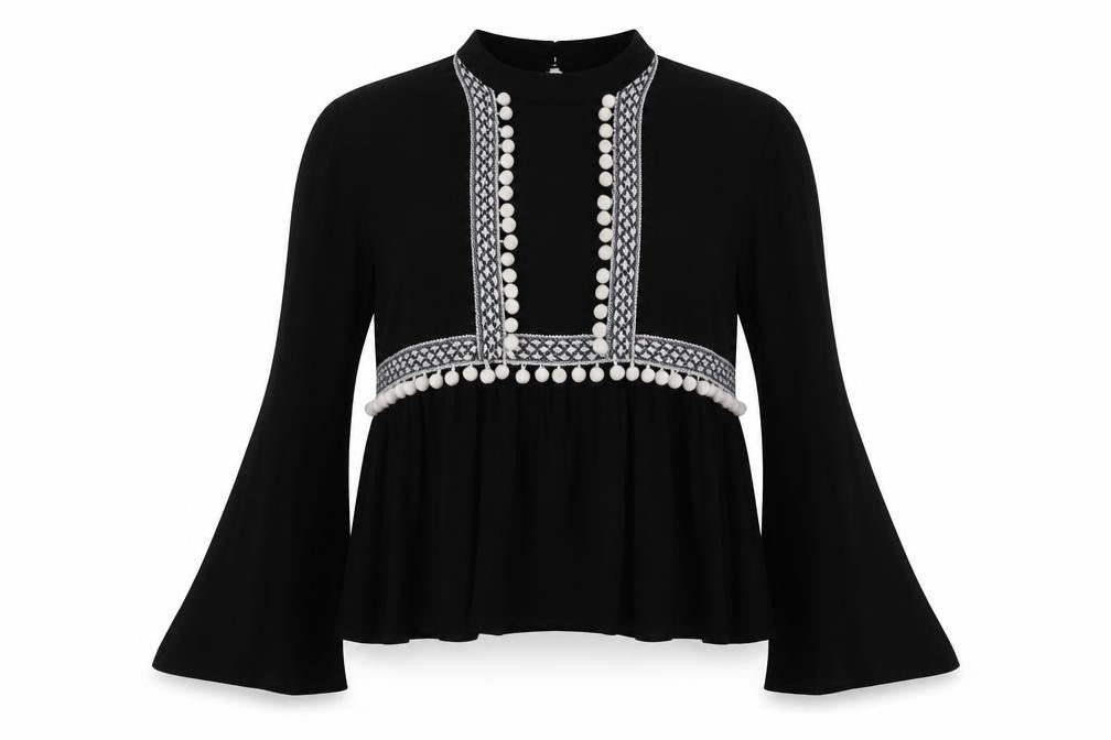 Young Bohemians Womens Black Geometric Viscose Basic Blouse Size 10 Mock Neck