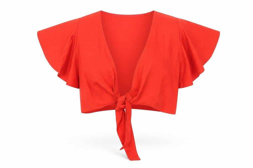 Preworn Womens Orange  Polyester Cropped Blouse Size M V-Neck