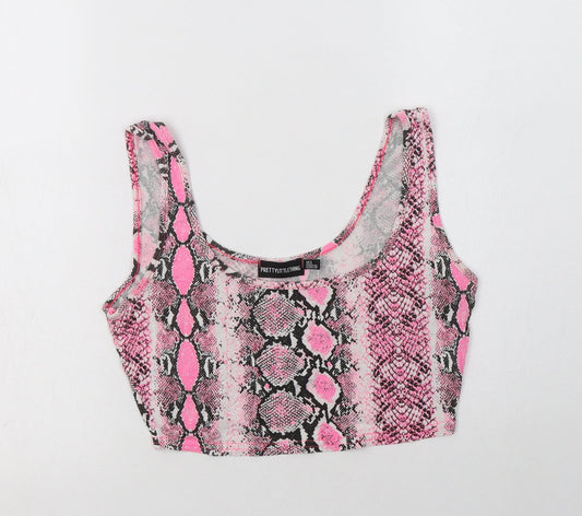 PRETTYLITTLETHING Womens Pink Animal Print Viscose Cropped Tank Size 8 Scoop Neck