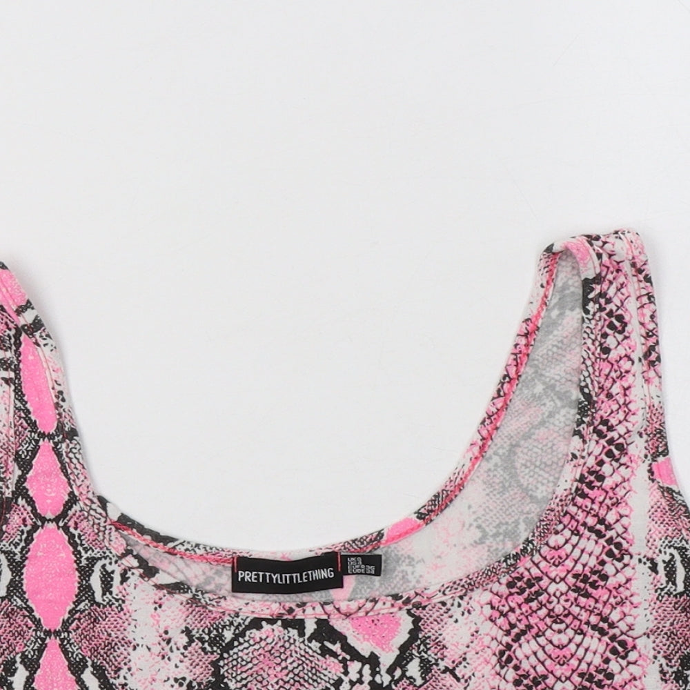PRETTYLITTLETHING Womens Pink Animal Print Viscose Cropped Tank Size 8 Scoop Neck