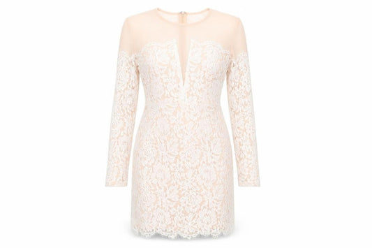 Missguided Womens Ivory Floral Polyester Bodycon  Size 10  Round Neck Zip - Peach with Lace Overlay Dress Sheer Shoulders