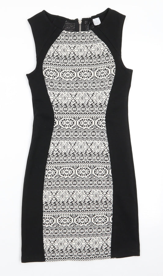 Divided Womens Black Geometric Polyester Bodycon  Size 8  Round Neck Zip - Geometric panel front & back