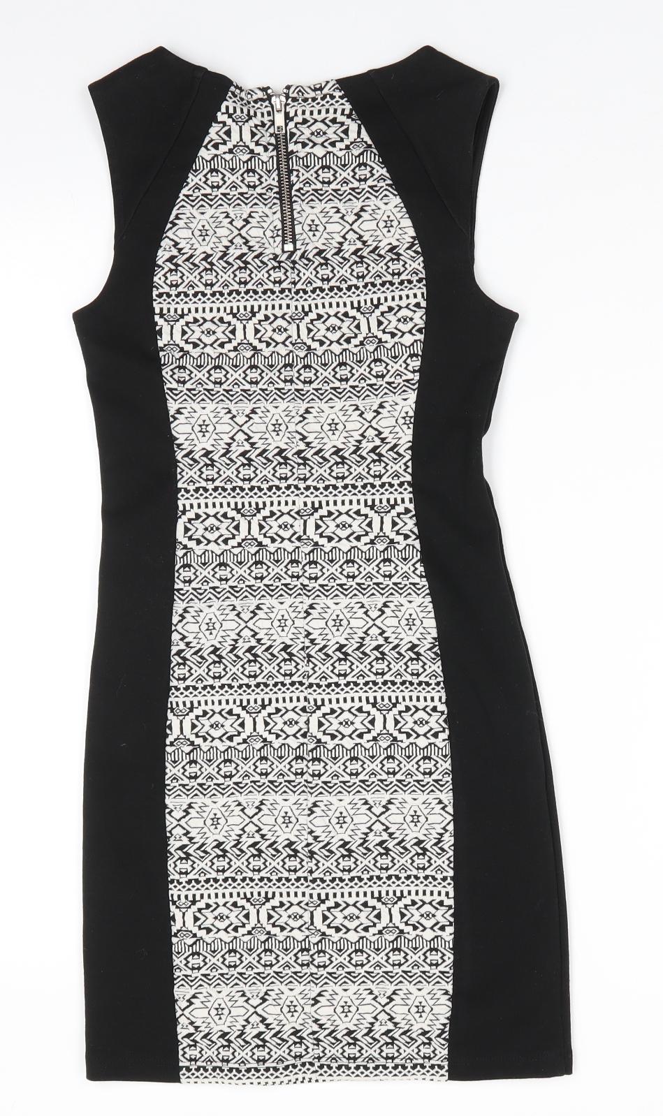 Divided Womens Black Geometric Polyester Bodycon  Size 8  Round Neck Zip - Geometric panel front & back