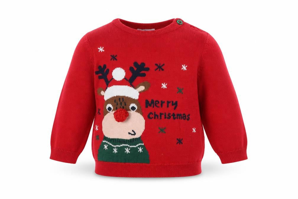 So Cute Baby Red  Cotton Pullover Jumper Size 9-12 Months  Button - Rudolph Christmas