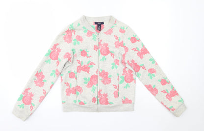 Gap Girls Grey Round Neck Floral Cotton Full Zip Jumper Size 12 Years
