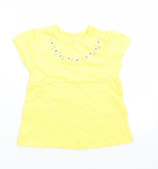 Nutmeg Girls Yellow Floral Cotton Basic T-Shirt Size 3-6 Months Round Neck Snap - Embroidered daisies around front neck