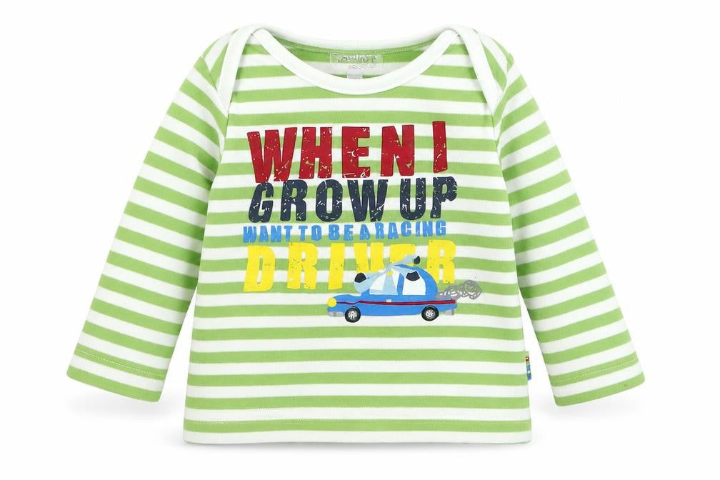 Babaluno Boys Green Striped Cotton Basic T-Shirt Size 6-9 Months Round Neck Pullover - When I Grow Up I Want to Be a Racing Driver