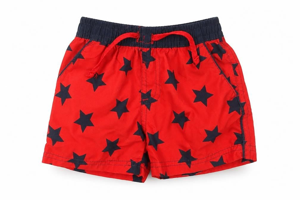 Primark Boys Red Geometric Polyester Cropped Trousers Size 9-12 Months  Drawstring - Stars Swim Shorts
