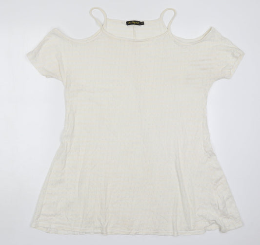 Miss Pretty World Womens Ivory Striped Polyester Basic T-Shirt Size 14 Round Neck - Cream Coloured