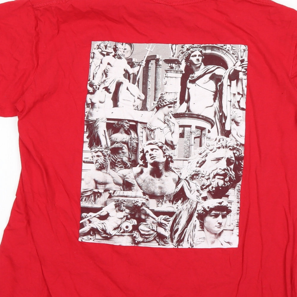 Preworn Mens Red Geometric Cotton  T-Shirt Size L Round Neck