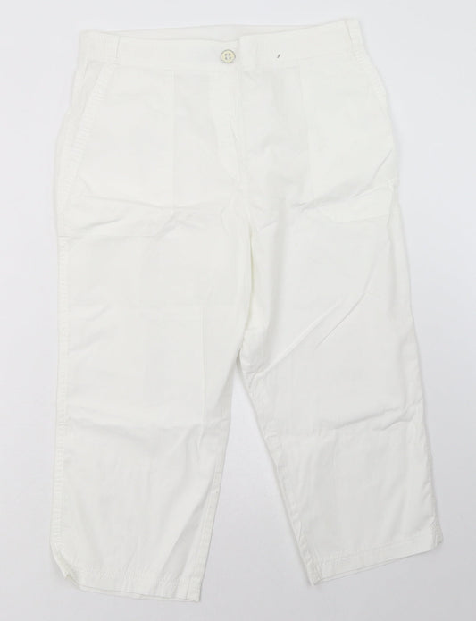 bonmarch Womens White  Cotton Cropped Trousers Size 12 L22 in Regular Button