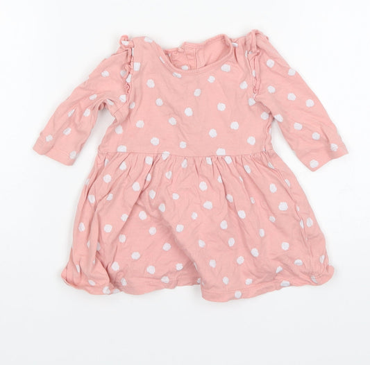 Matalan Girls Pink Polka Dot Cotton A-Line  Size 3-6 Months  Round Neck