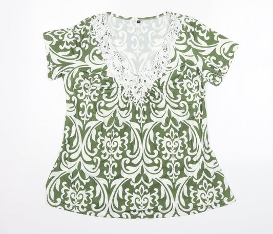 Preworn Womens Multicoloured Floral Polyester Basic T-Shirt Size L V-Neck