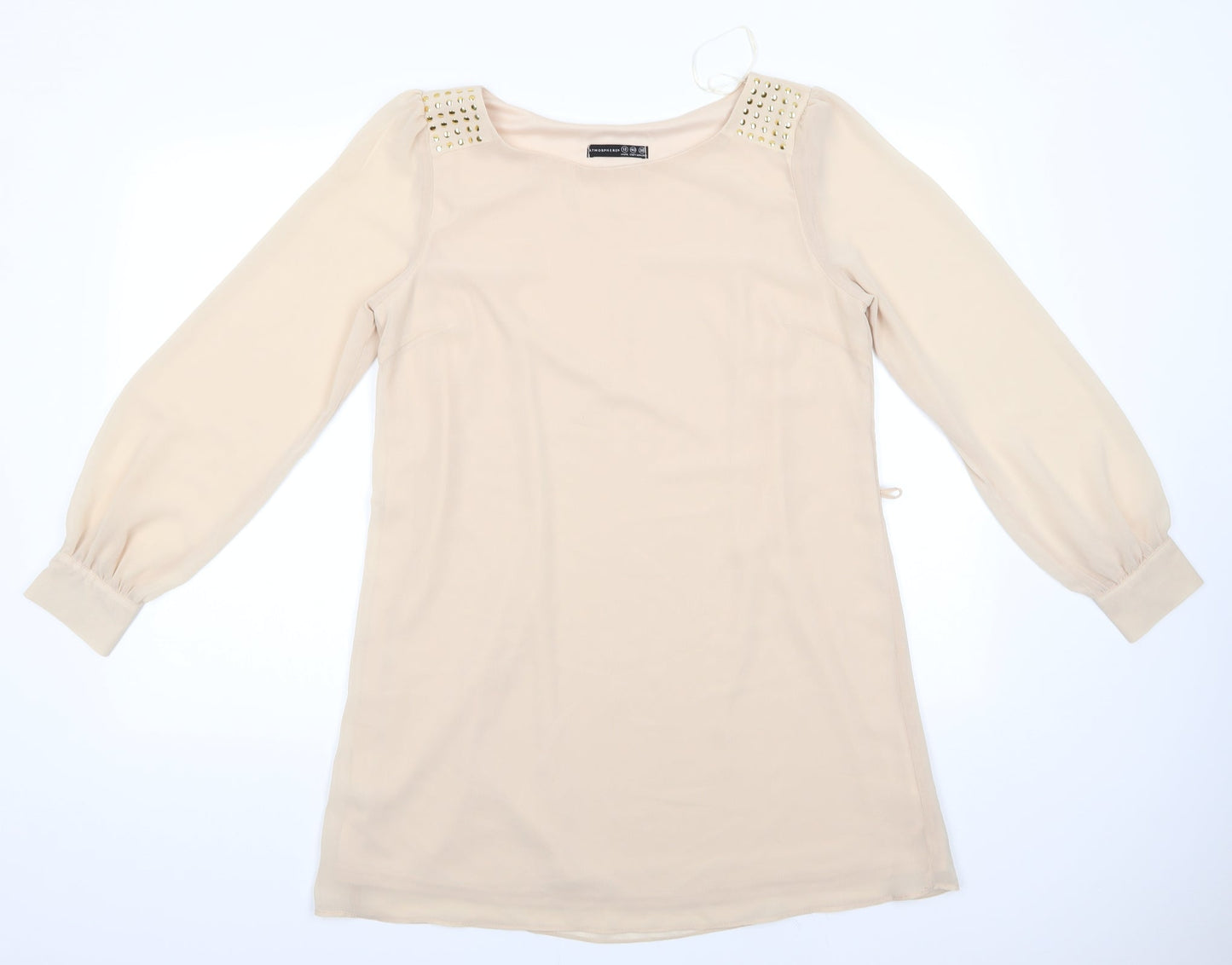 Atmosphere Womens Beige  Polyester Tunic Blouse Size 12 Round Neck - Metal like studs on shoulders Sheer arms