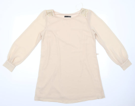 Atmosphere Womens Beige  Polyester Tunic Blouse Size 12 Round Neck - Metal like studs on shoulders Sheer arms