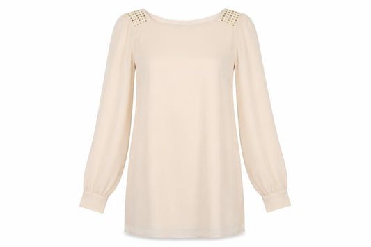 Atmosphere Womens Beige  Polyester Tunic Blouse Size 12 Round Neck - Metal like studs on shoulders Sheer arms