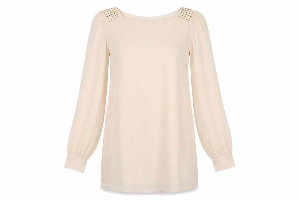 Atmosphere Womens Beige  Polyester Tunic Blouse Size 12 Round Neck - Metal like studs on shoulders Sheer arms