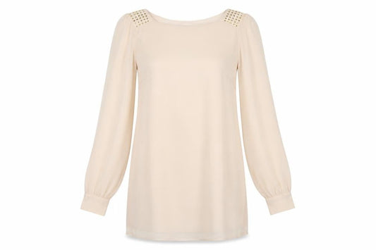 Atmosphere Womens Beige  Polyester Tunic Blouse Size 12 Round Neck - Metal like studs on shoulders Sheer arms