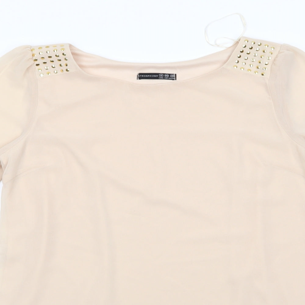 Atmosphere Womens Beige  Polyester Tunic Blouse Size 12 Round Neck - Metal like studs on shoulders Sheer arms