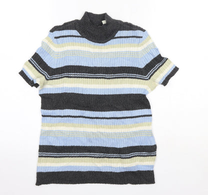 First Issue Womens Blue High Neck Striped Ramie Pullover Jumper Size S