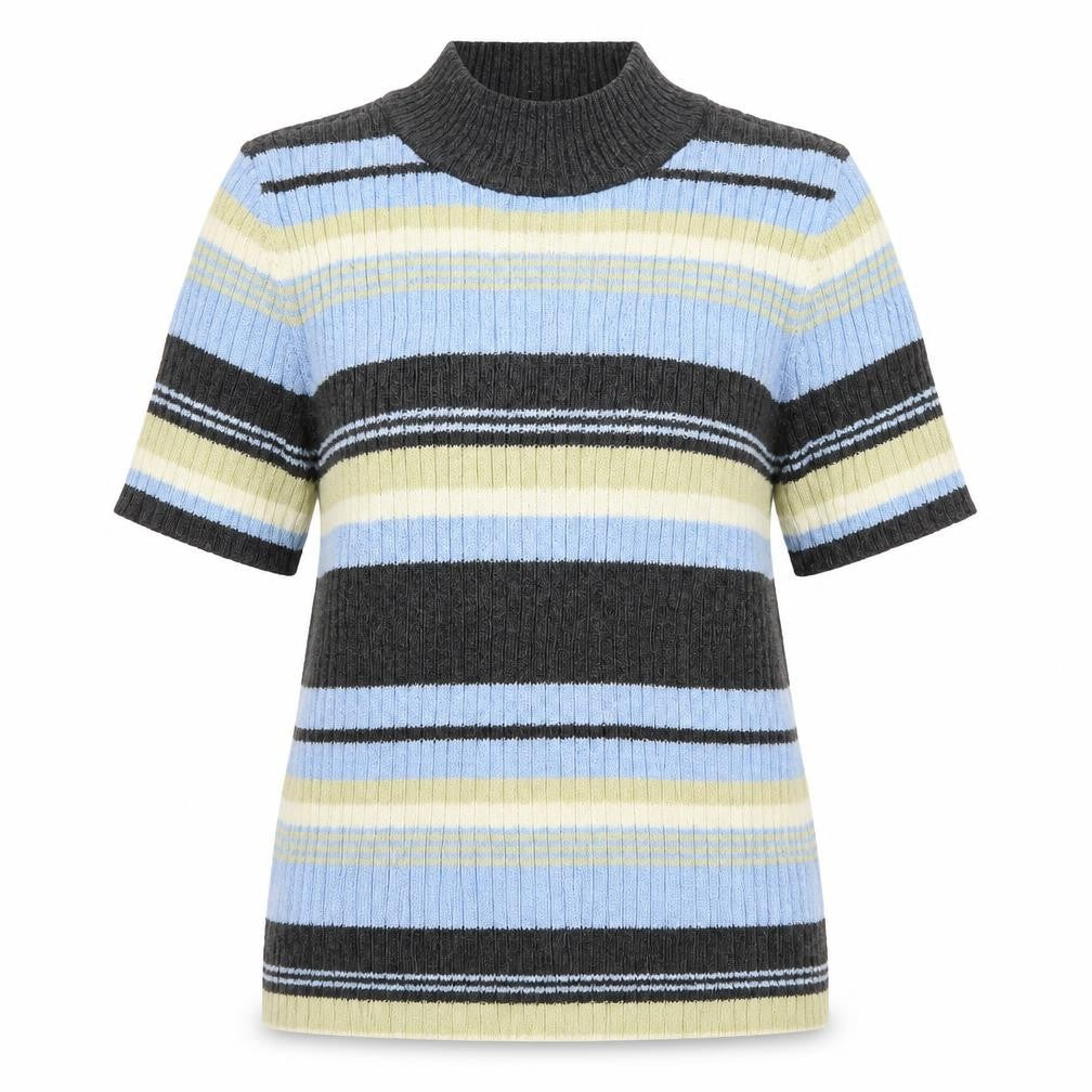 First Issue Womens Blue High Neck Striped Ramie Pullover Jumper Size S