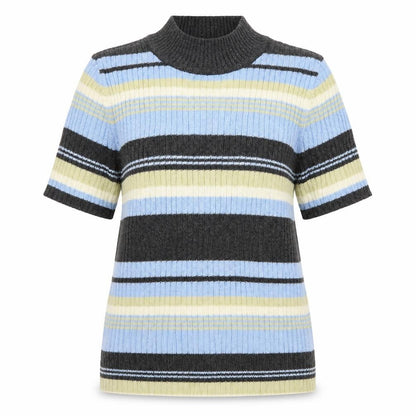 First Issue Womens Blue High Neck Striped Ramie Pullover Jumper Size S