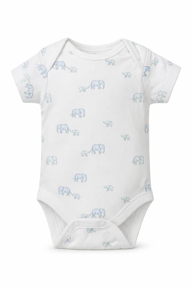 Next Boys White  Cotton Babygrow One-Piece Size Newborn  Button - Elephants