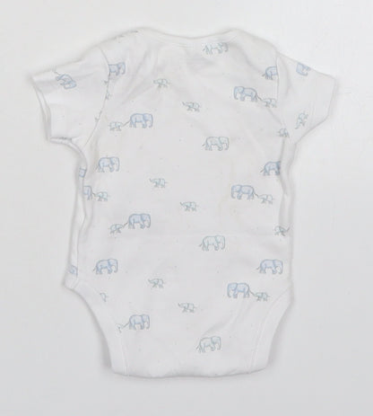 Next Boys White  Cotton Babygrow One-Piece Size Newborn  Button - Elephants
