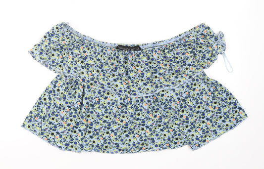 Topshop Womens Blue Floral Polyester Cropped T-Shirt Size 12 Off the Shoulder