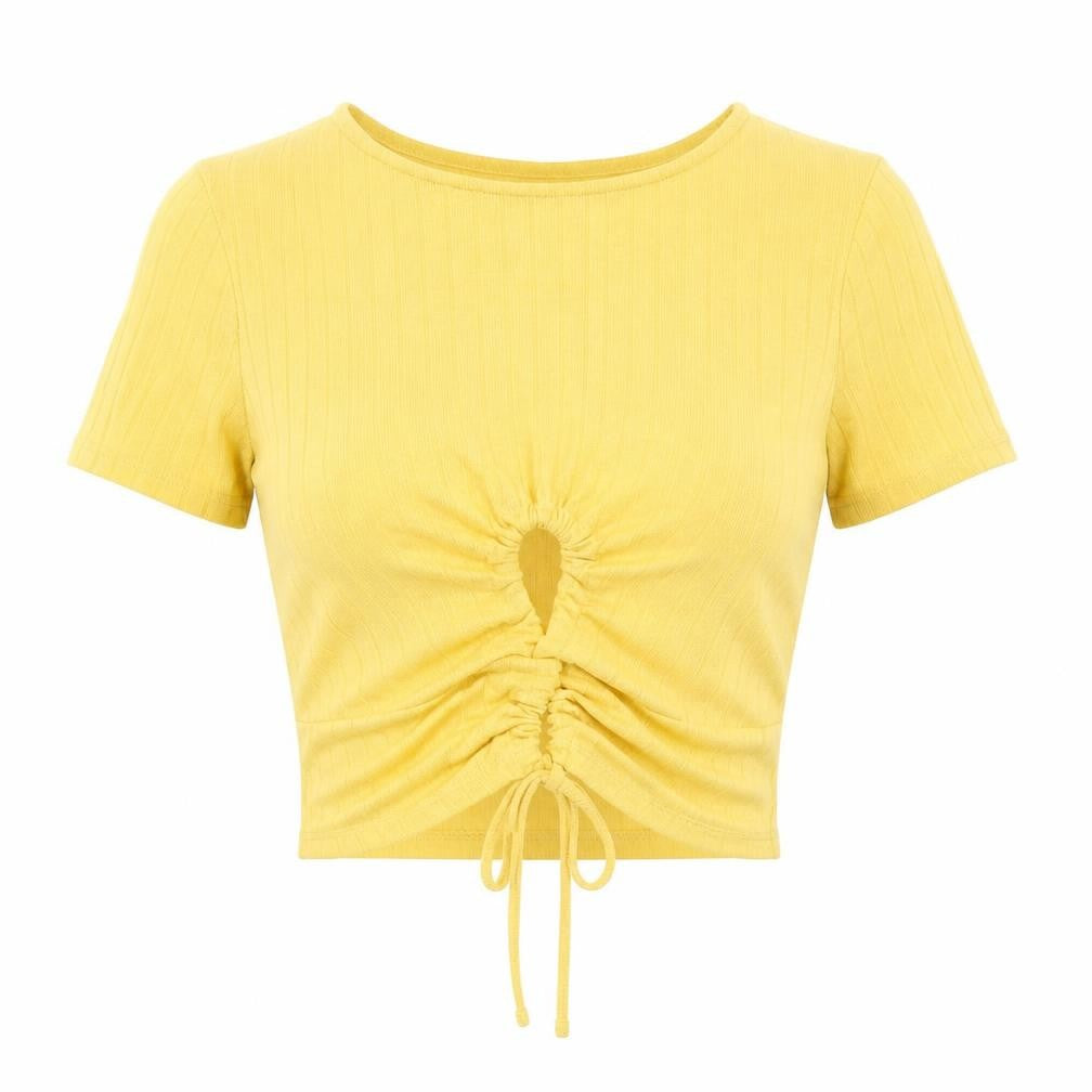 Primark Womens Yellow  Polyester Cropped T-Shirt Size S Crew Neck
