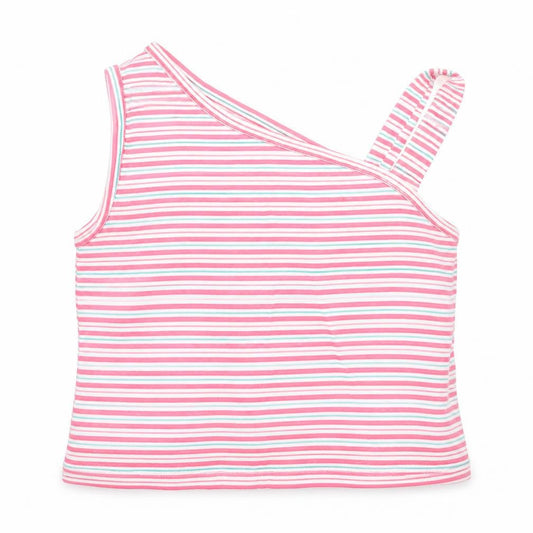 Matalan Girls Pink Striped Cotton Basic T-Shirt Size 4 Years One Shoulder