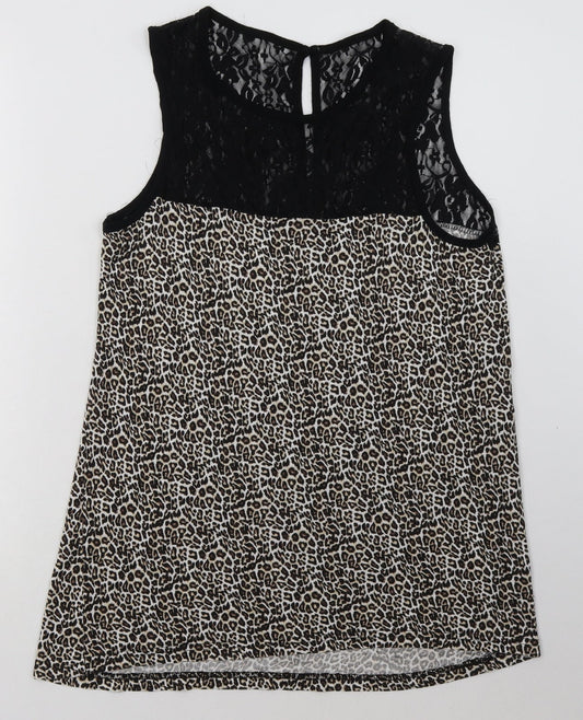 Preworn Womens Brown Animal Print Polyamide Basic Tank Size 12 Crew Neck - lace detail at top