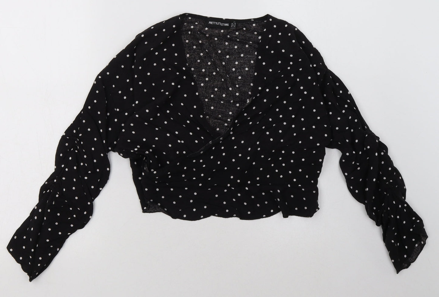 PRETTYLITTLETHING Womens Black Polka Dot Cotton Cropped Blouse Size 10 V-Neck