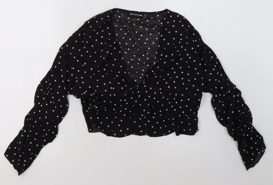 PRETTYLITTLETHING Womens Black Polka Dot Cotton Cropped Blouse Size 10 V-Neck