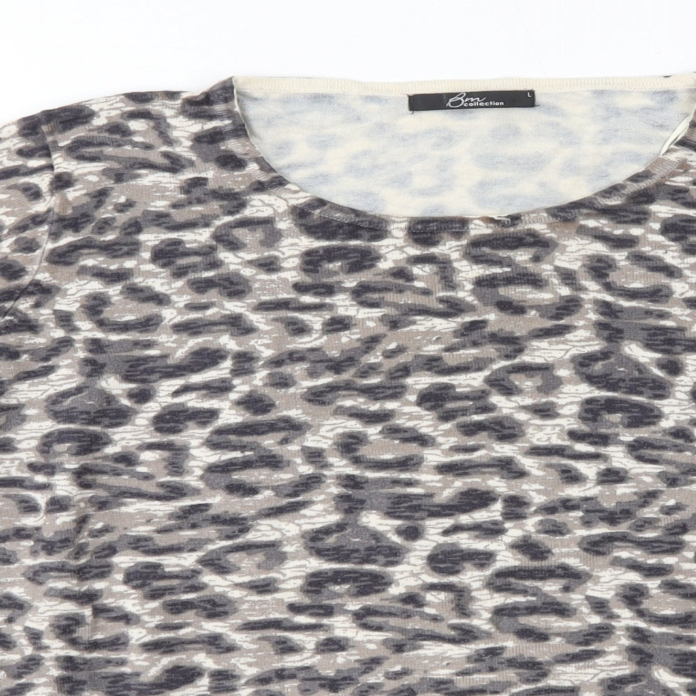 BM Womens Brown Round Neck Animal Print Viscose Pullover Jumper Size L