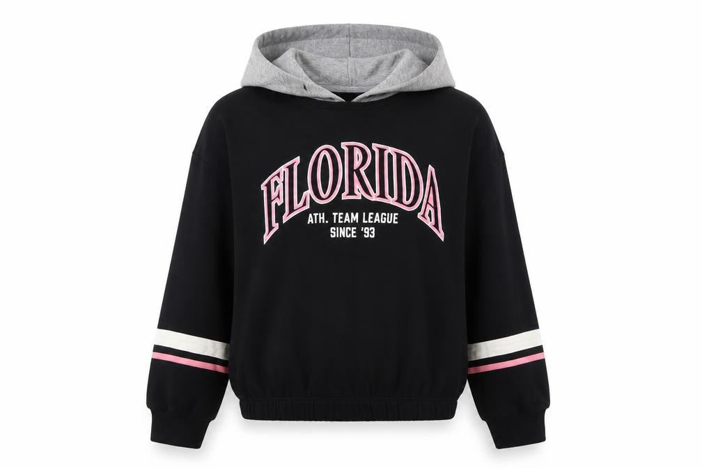 F&F Girls Black Striped Cotton Pullover Hoodie Size 11-12 Years   - Florida