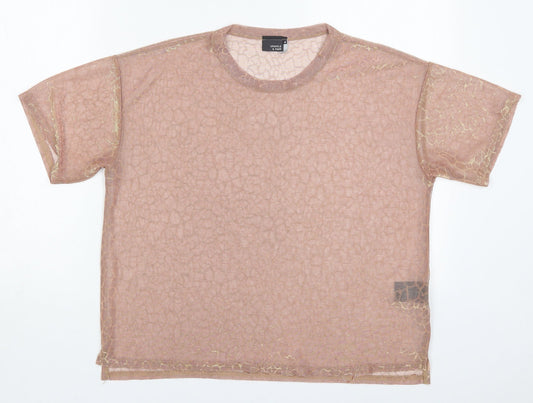 Sparkle & Fade Womens Pink Animal Print Nylon Basic T-Shirt Size M Round Neck