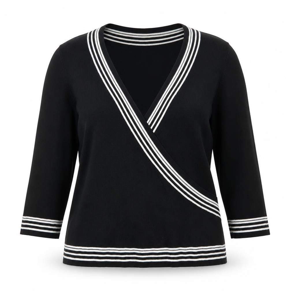 Authentic Womens Black V-Neck Striped Viscose Pullover Jumper Size L