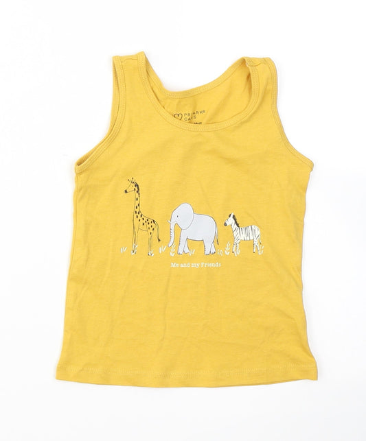 Primark Girls Yellow  Cotton Basic Tank Size 2-3 Years Crew Neck  - Zoo Animals
