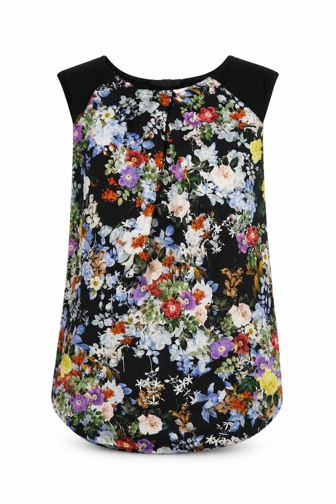Warehouse Womens Black Floral Polyester Basic Tank Size 12 Round Neck