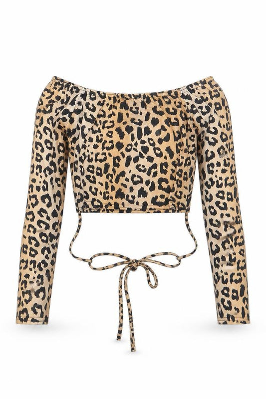 PRETTYLITTLETHING Womens Brown Animal Print Polyester Cropped T-Shirt Size 8 Off the Shoulder