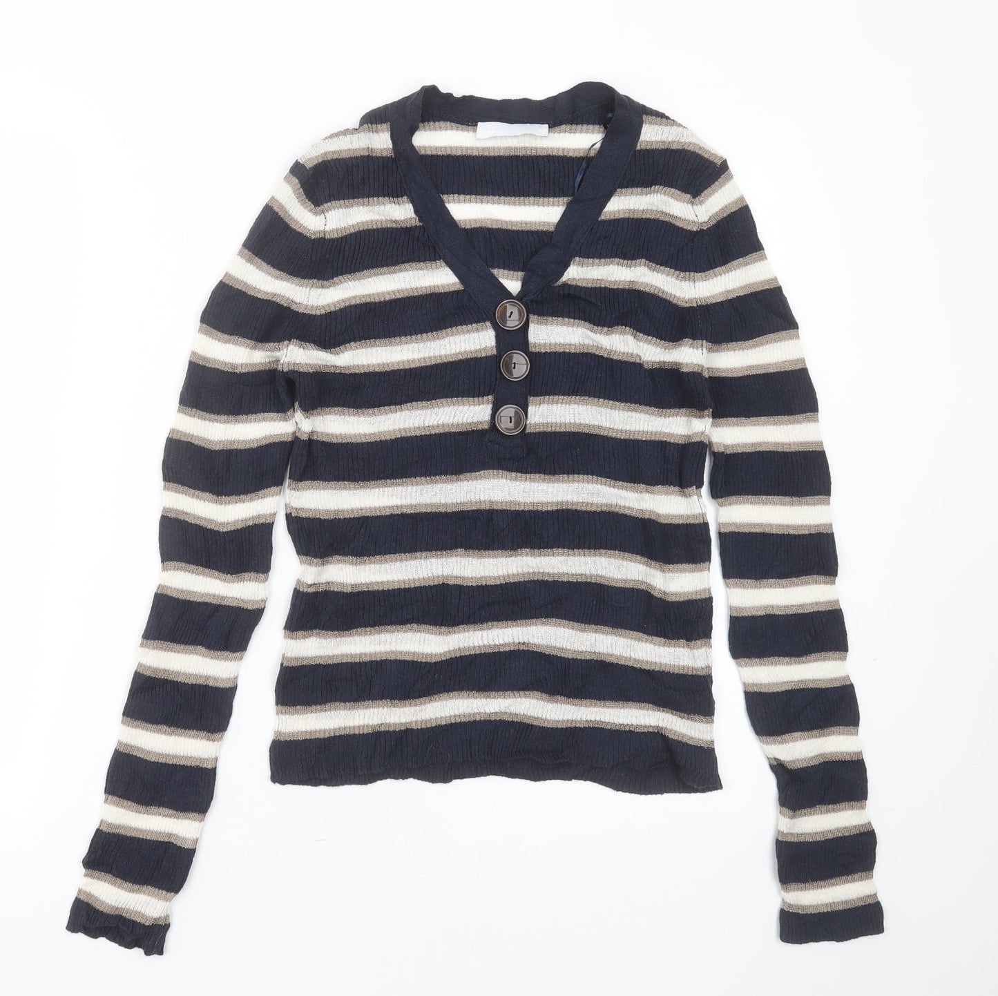 Marks and Spencer Womens Blue V-Neck Striped Cotton Pullover Jumper Size 12