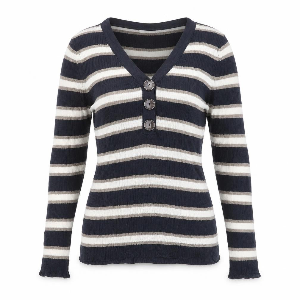Marks & Spencer Womens Blue V-Neck Striped Cotton Pullover Jumper Size 12