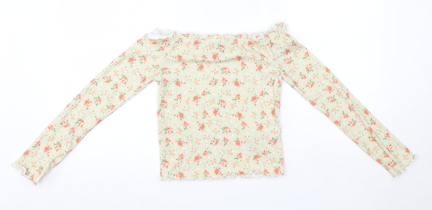 New Look Womens Green Floral Polyester Basic Blouse Size 8 Off the Shoulder