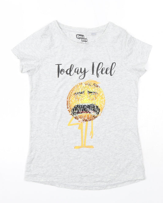 NEXT Girls Grey  100% Cotton Basic T-Shirt Size 10 Years Round Neck  - Emoji