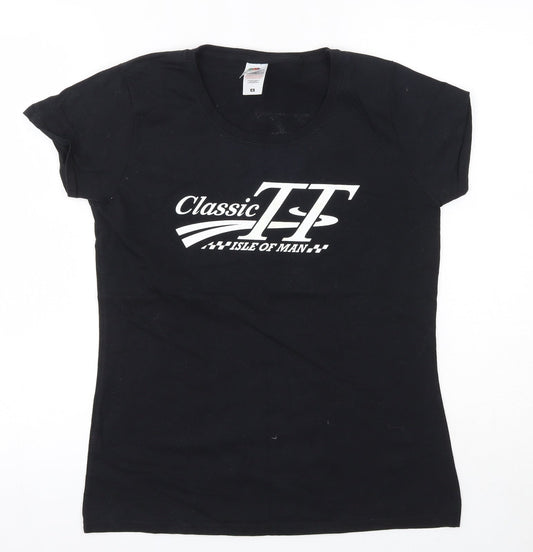 Fruit of the Loom Womens Black  100% Cotton Basic T-Shirt Size M Round Neck - Isle of Man TT