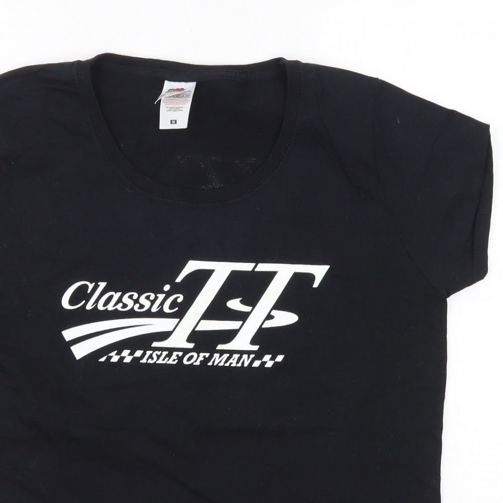 Fruit of the Loom Womens Black  100% Cotton Basic T-Shirt Size M Round Neck - Isle of Man TT
